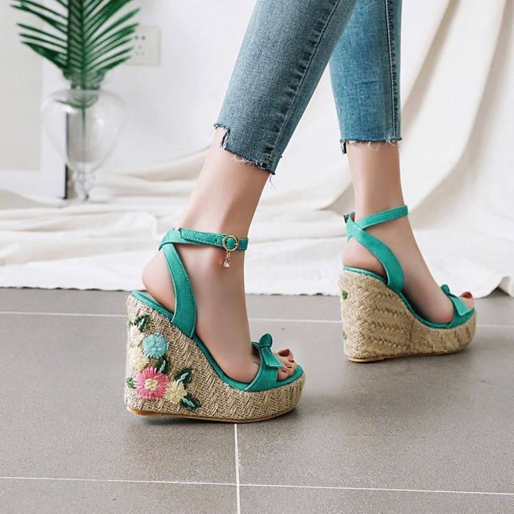 Shoes Women's Shoes Summer Blue Pink Green Straw Wedge Heel Large Size Sandals 48 Small Size 30 xnmw