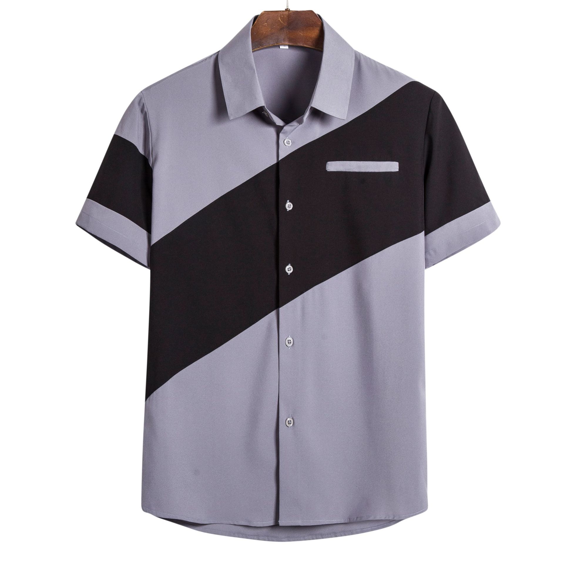 速卖通男式短袖衬衫 欧美短袖衬衫 男亚马逊撞色男装外贸衬衫|ms