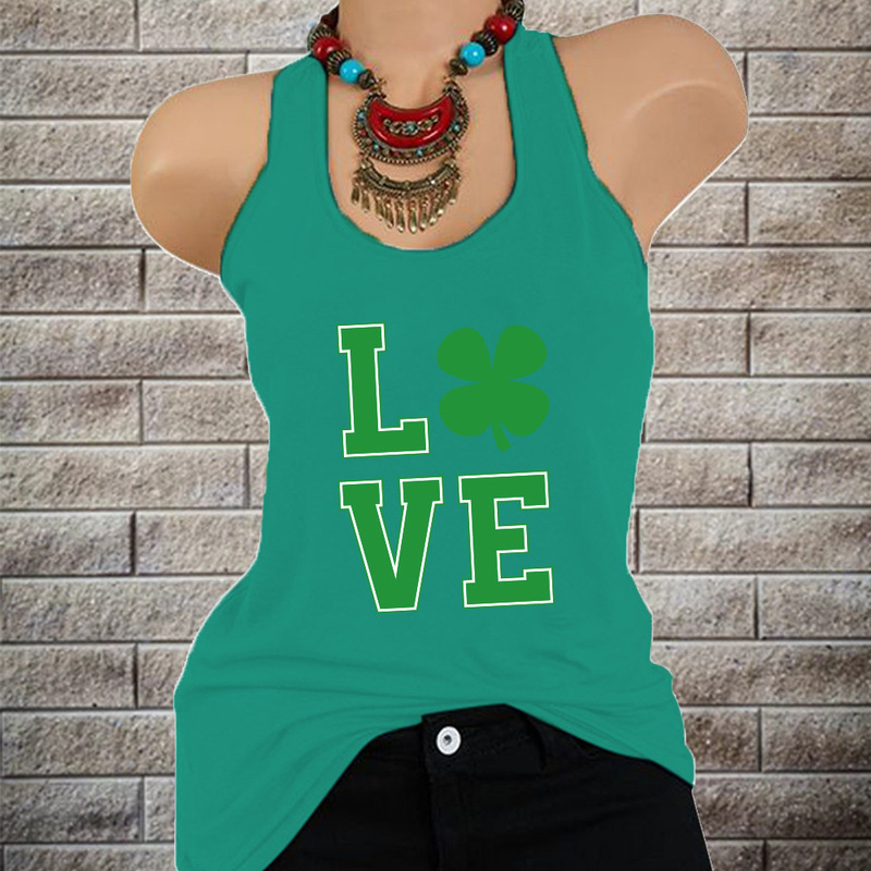 Cross-border St. Patrick's Day New Women's LOVE Clover Print Loose Turtleneck Vest