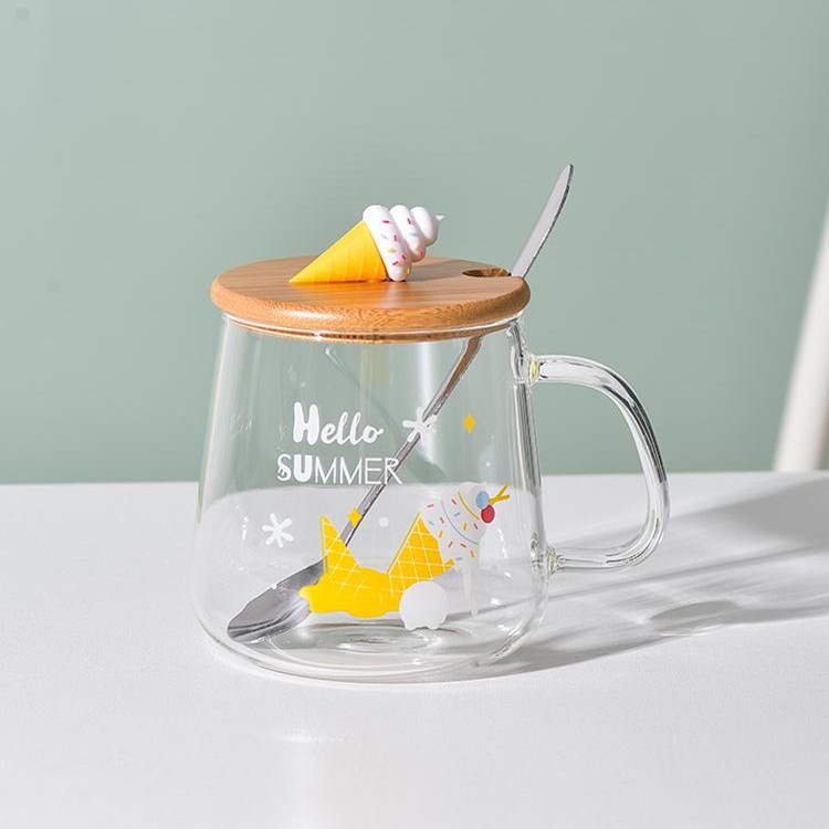 Creativo verano helado forma de dibujos animados alta temperatura resistente taza vidrio con tapa cuchara transparente beber limón
