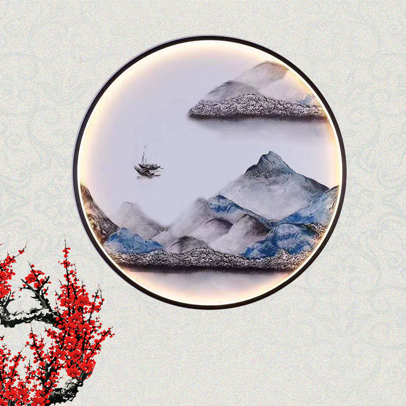 LED新中式壁灯简约中国风山水画装饰创意圆形走廊客厅卧室床头灯