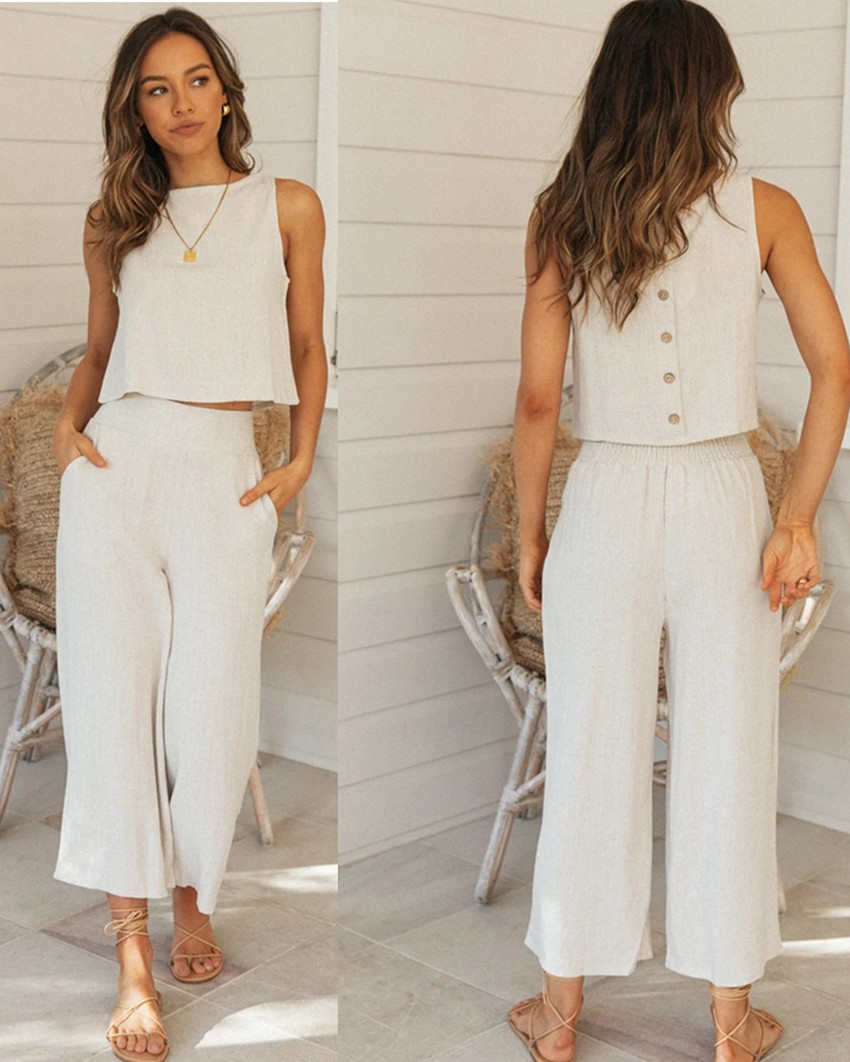 140g Weight Sleeveless Sleeve Length Cotton Blend, Polyester Fabric Type Home Women'S Casual Solid Color Cotton Blend Polyester Patchwork Pant Co-ord Set Pants Sets