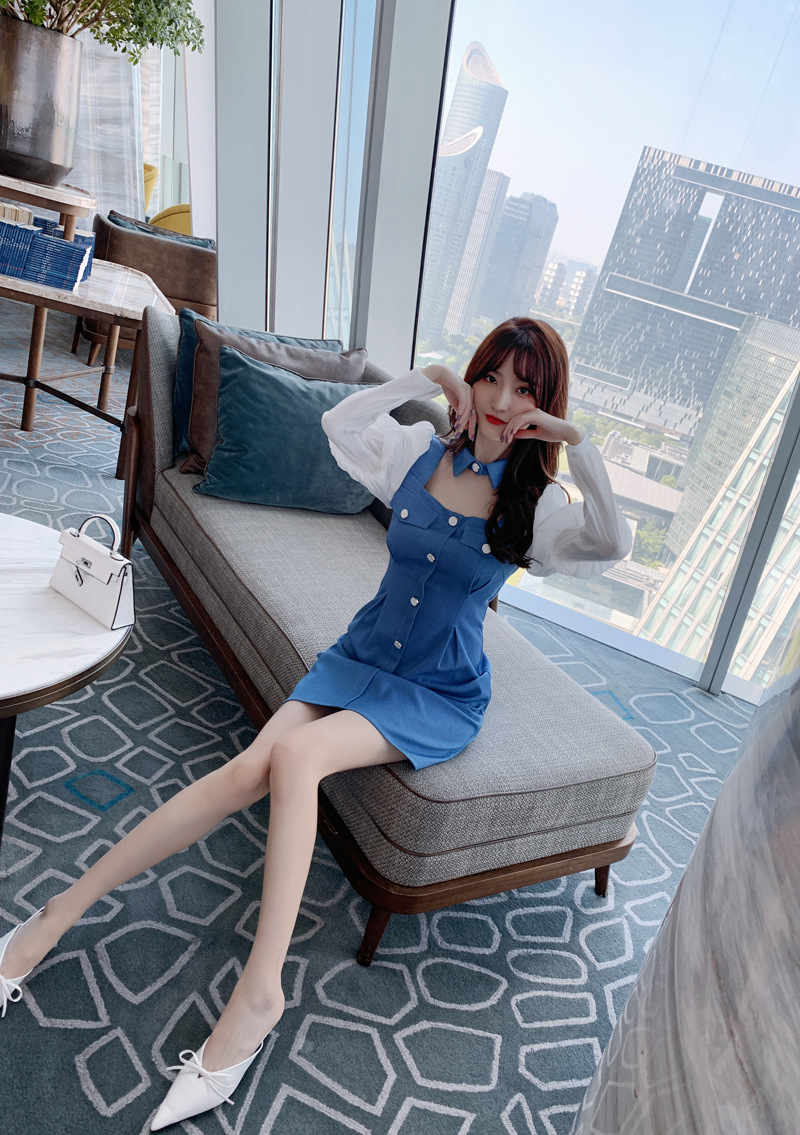 Đầm cổ búp bê tay phồng dáng suông — Màu xanh lam chi tiết 13