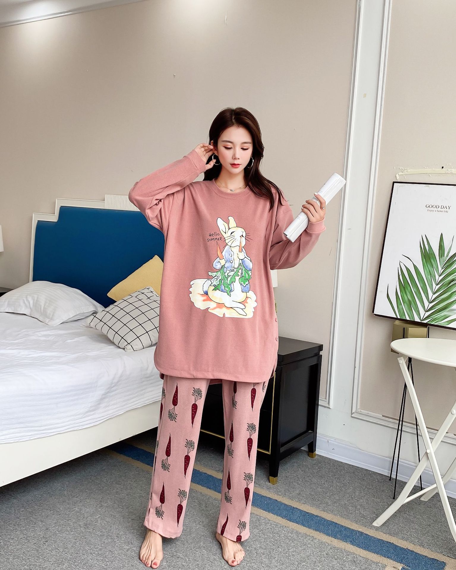 2020 Autumn/Winter Big Size 200 Pounds Fat M Thick Long-Sleeved Pajama Suit Rabbit Print Two-Piece Set Home Clothes Women