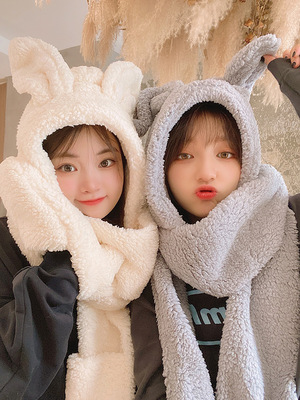 秋冬可爱兔子耳朵可以竖立帽子围巾手套三件套一体保暖连体帽女潮|ru