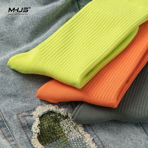 MHJS Japanese Harajuku style street fluorescent socks solid color mid-calf socks ins trendy men's and women's sports skateboard cotton stockings