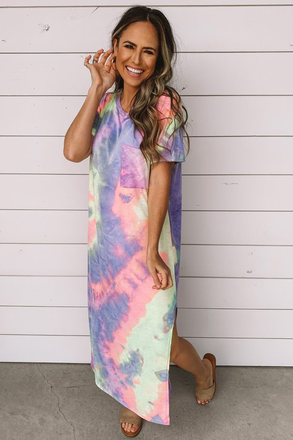 short-sleeved pad-dye summer loose round neck pullover split long dress NSSI2420