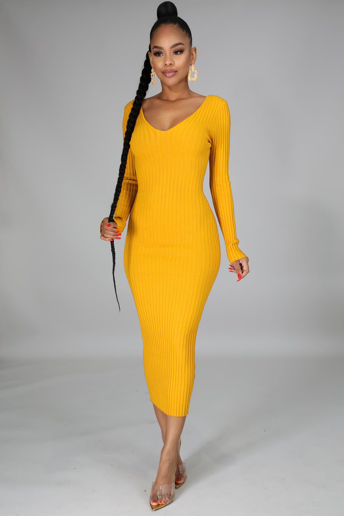 Solid Color Long-Sleeved V-Neck Dress NSXHX99665