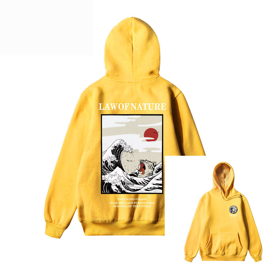 现货欧美街头嘻哈潮牌纯棉卫衣 日本猫波浪印花卫衣男式连帽卫衣|ms