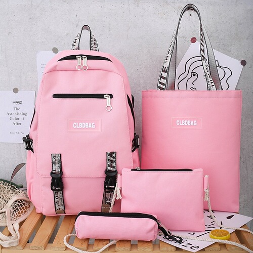 2024 New College Style Letter Oxford Cloth Four-Piece Set Double Shoulder Bag Korean Version Leisure Women Middle/College Student School Bag