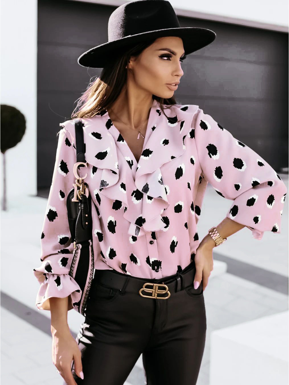 gran oferta otoño e invierno botón con volantes con cuello en V camisa estampada de manga larga top NSYD3713