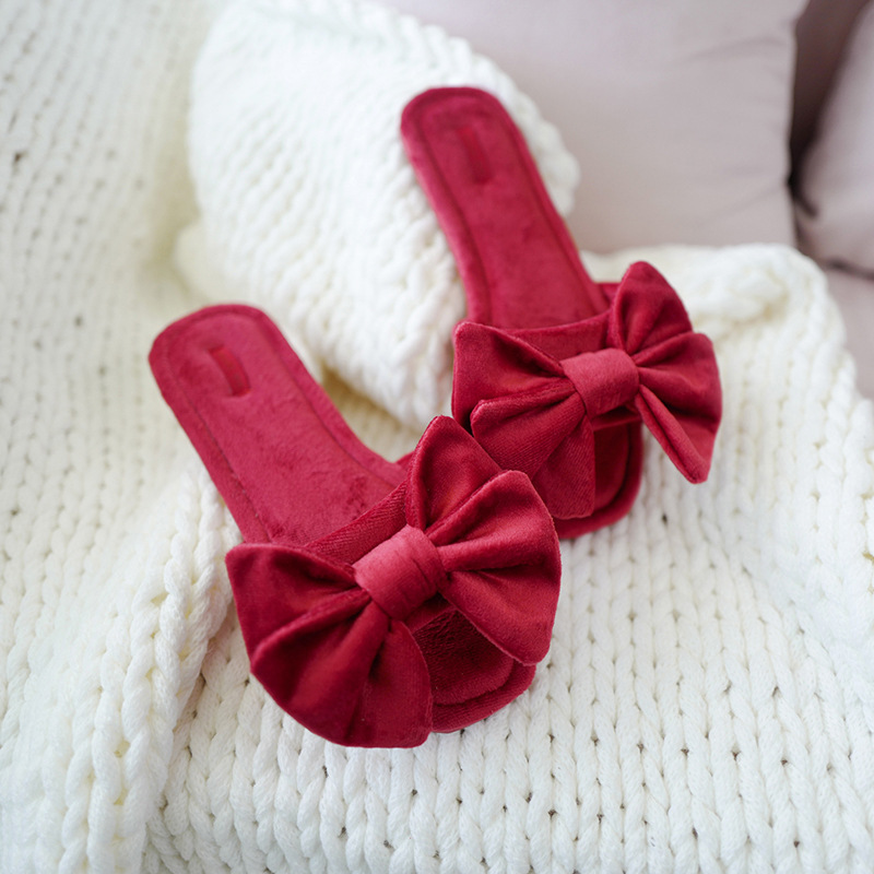 halluci 2020 New Velvet Red Bow Indoor Non-Slip Home Slippers for Summer