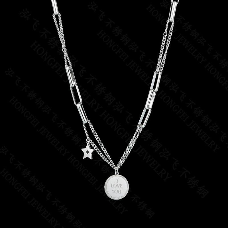 Fashion Love Round Pendant Hip-hop Style Stainless Steel Five-pointed Star Tassel Chain Necklace display picture 1