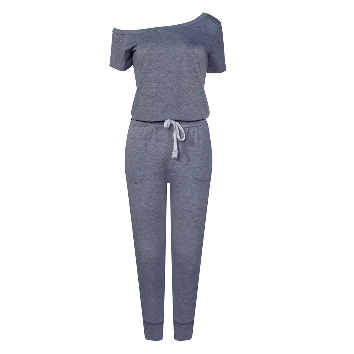 Women's Off-shoulder Jumpsuit With Pockets And Lace-up Details_voghion.com