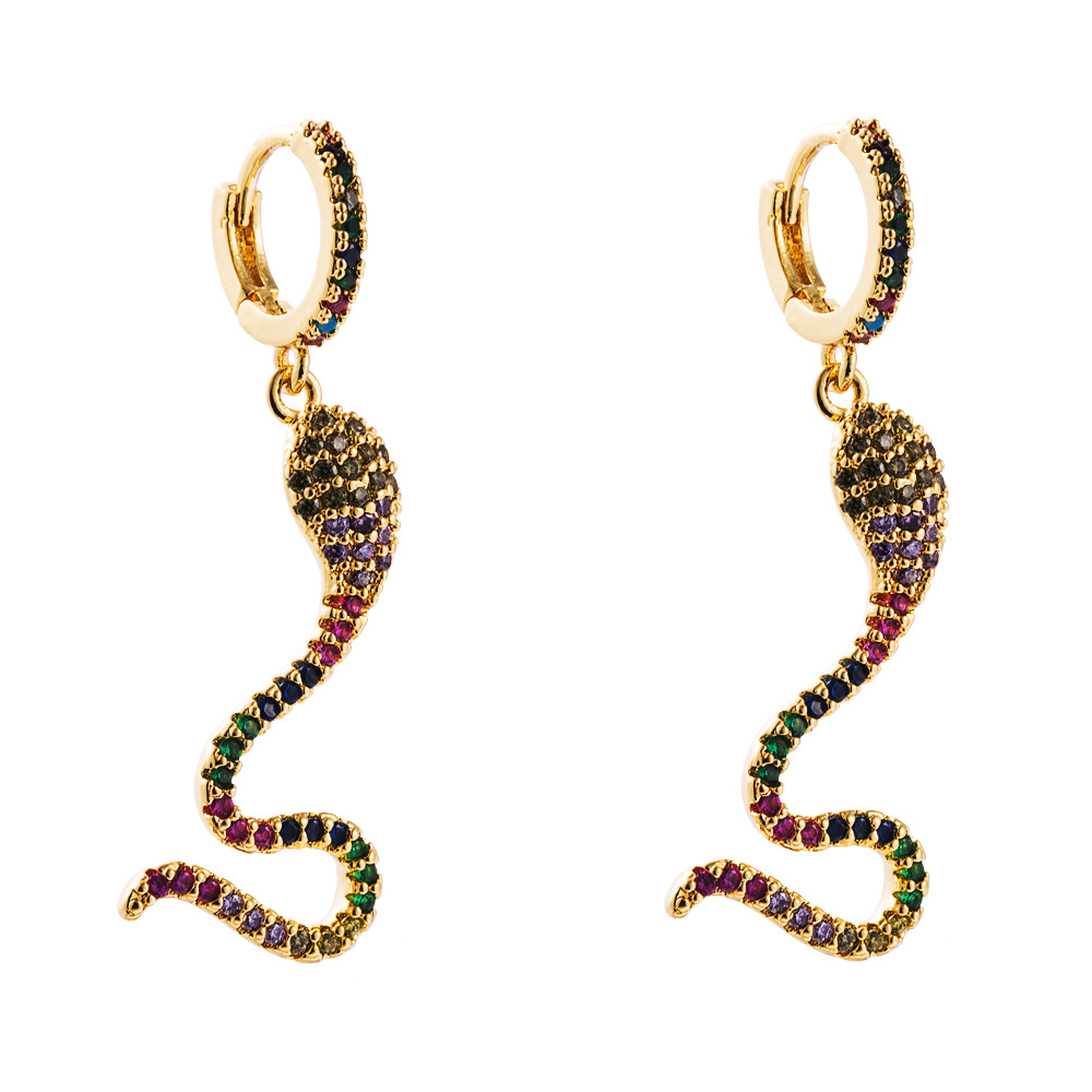 Nuevos Pendientes De Moda Con Forma De Serpiente Con Incrustaciones De Circonitas De Color, Pendientes Largos De Oro De 18 Quilates Chapados En Oro display picture 6