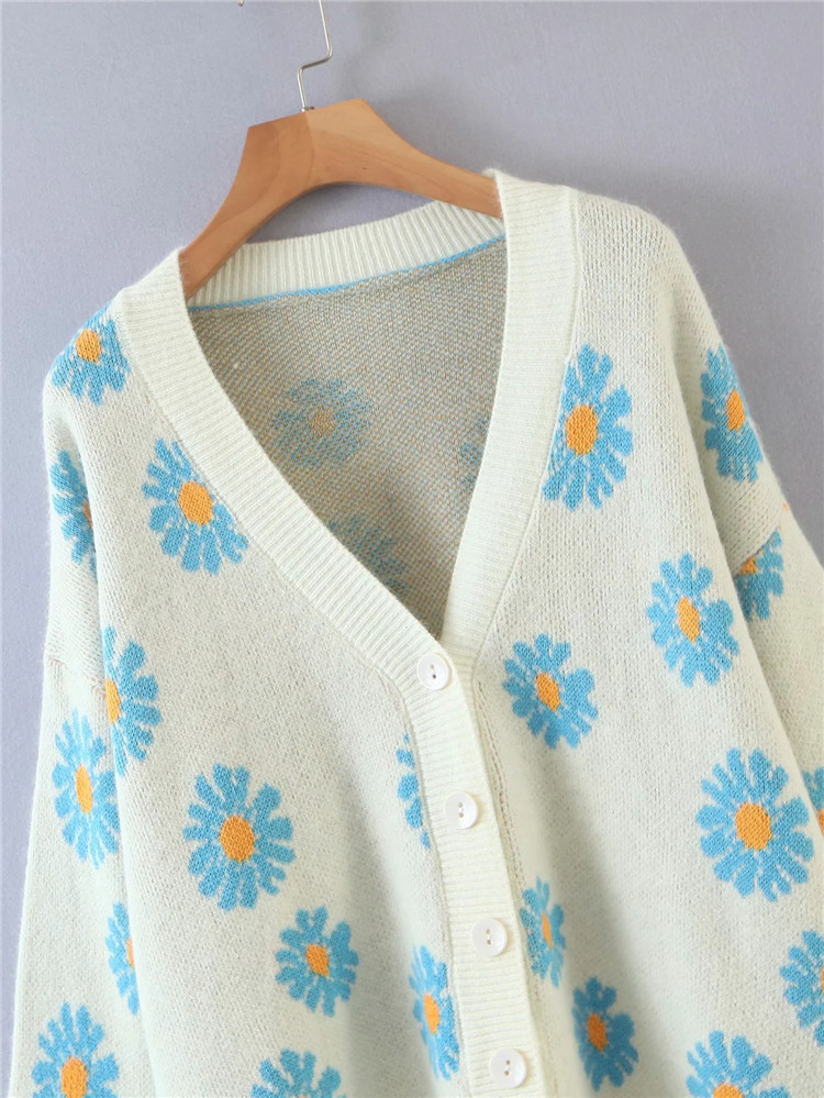 autumn and winter V-neck daisy jacquard cardigan sweater  NSLD15289