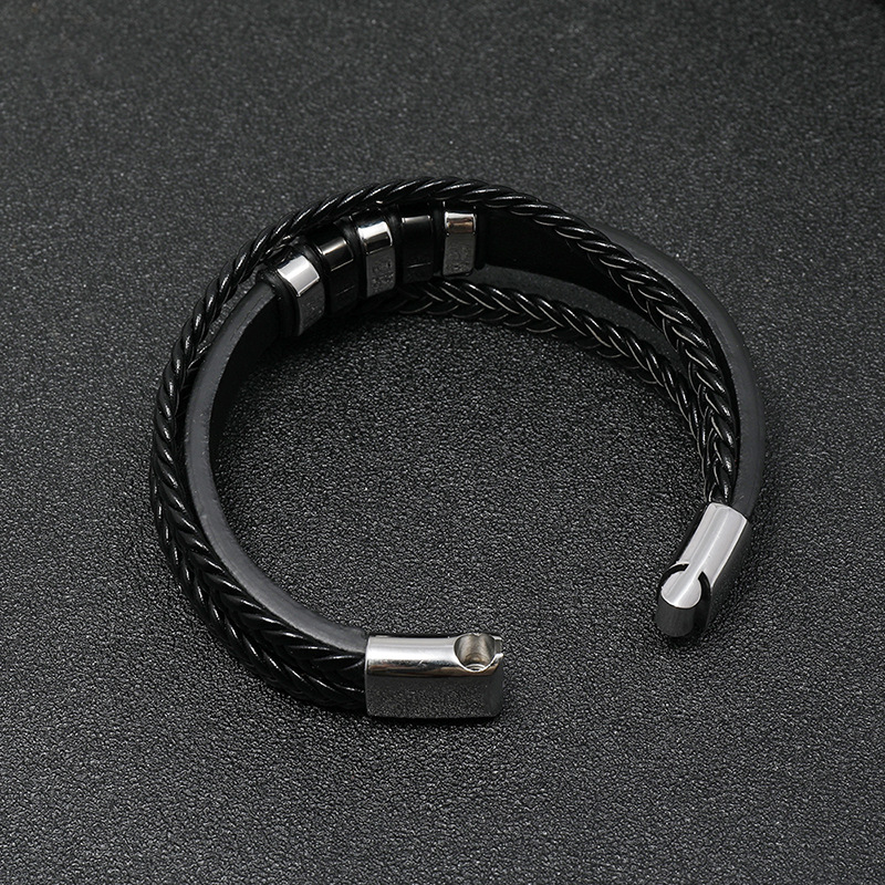 All-match Men's Leather Stainless Steel Woven Punk Pu Bracelet display picture 3
