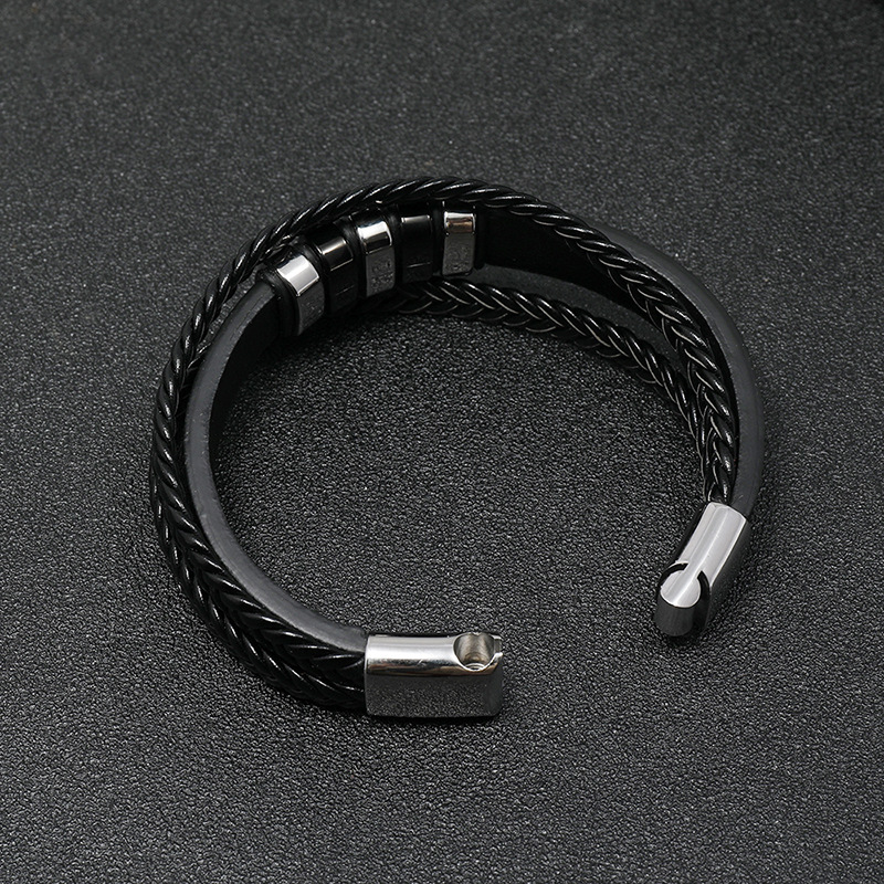 all-match menu0027s leather stainless steel woven punk PU bracelet