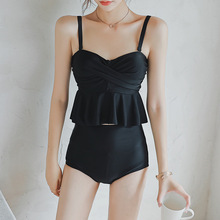 游泳衣女新款韩版性感荷叶边钢托聚拢高腰遮肚显瘦连体纯色比基尼