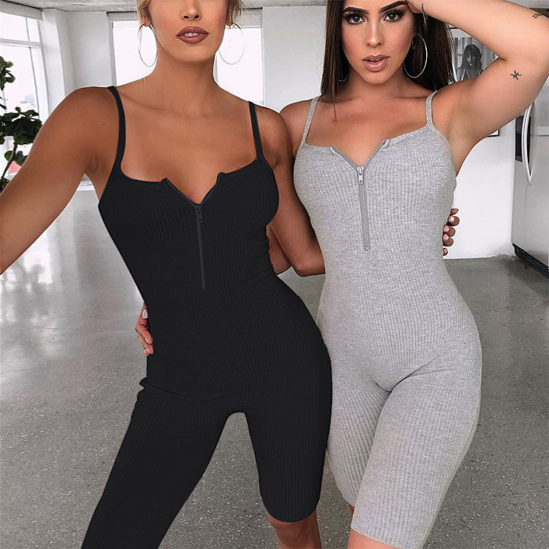 zipper B-neck tight-fitting solid color comfortable jumpsuit  NSXE38778