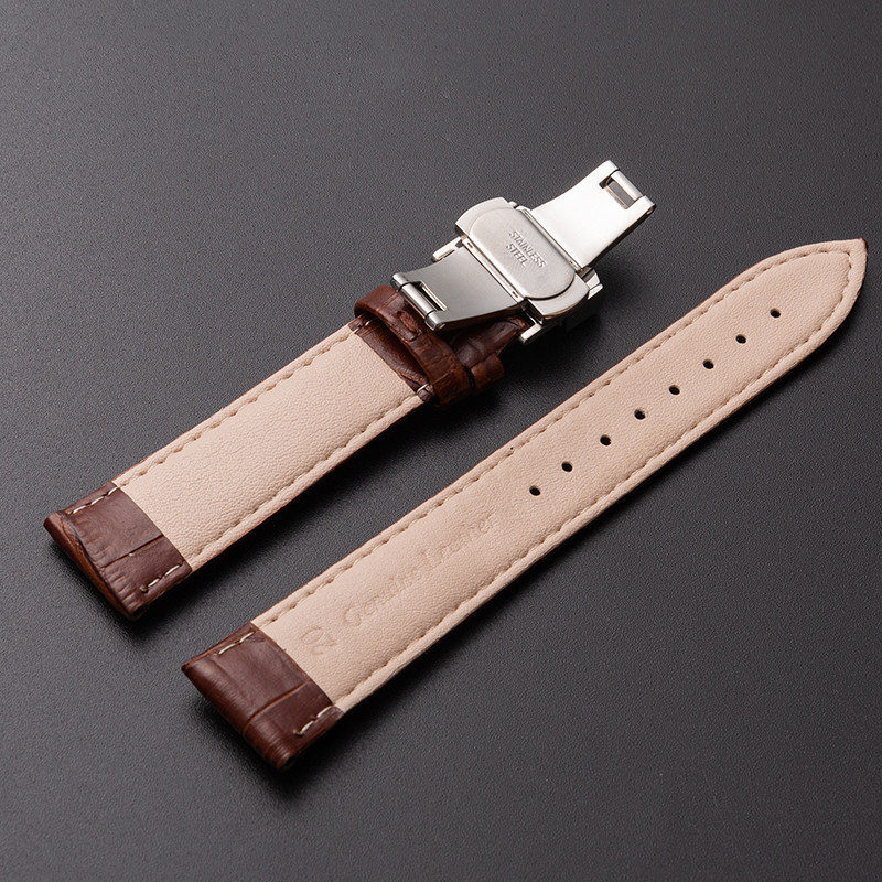 Ventas directas de fábrica correa de cuero de becerro de dos capas doble prensa hebilla de mariposa patrón de bambú hombres y mujeres correa de reloj Accesorios