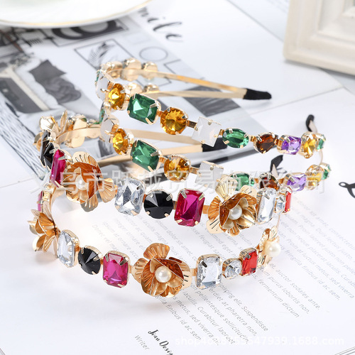 跨境金属水钻发箍花朵合金仿珍珠发饰叶子星星头饰巴洛克复古头箍
