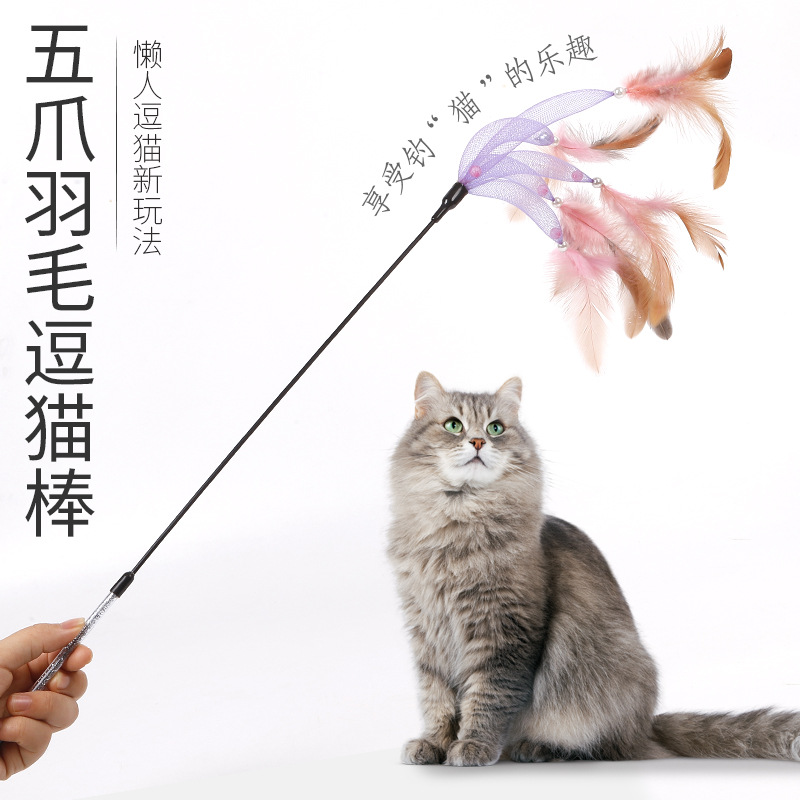 玻璃钢杆五爪渐变羽毛逗猫棒1-(1)