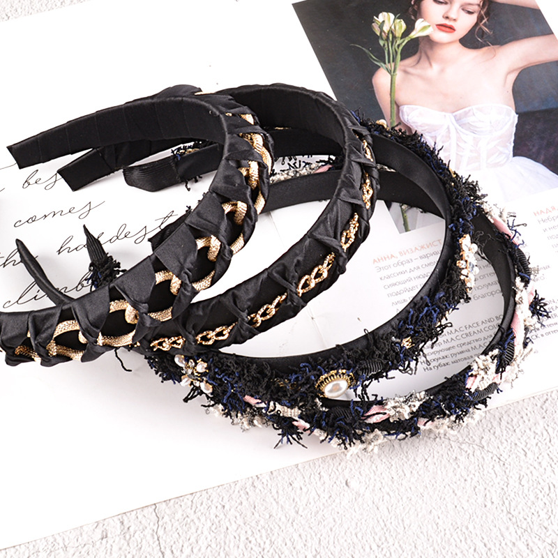 Black Pearl Wool Rhinestone Headband display picture 3