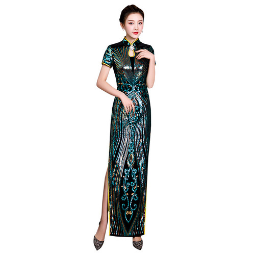 Chinese Dress Qipao Long dress with gold velvet cheongsam layout