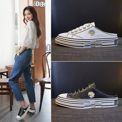 2020春季新款真皮雛菊刺繡半拖女單鞋休閑潮牌白鞋