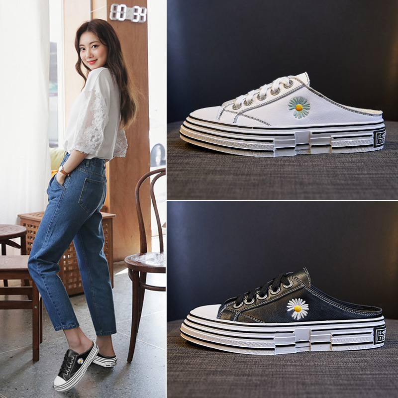 2020春季新款真皮雛菊刺繡半拖女單鞋休閑潮牌白鞋