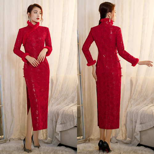 Lace Chinese dressses China traditional oriental Qipao dresses Plush thickened Qipao chongsam dresses for women