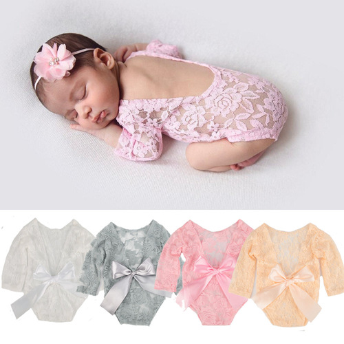 Newborn Photography Lace Dress with Bow Ties, Lace Dress with Hair Ties, Two-Piece Set Photo Prop