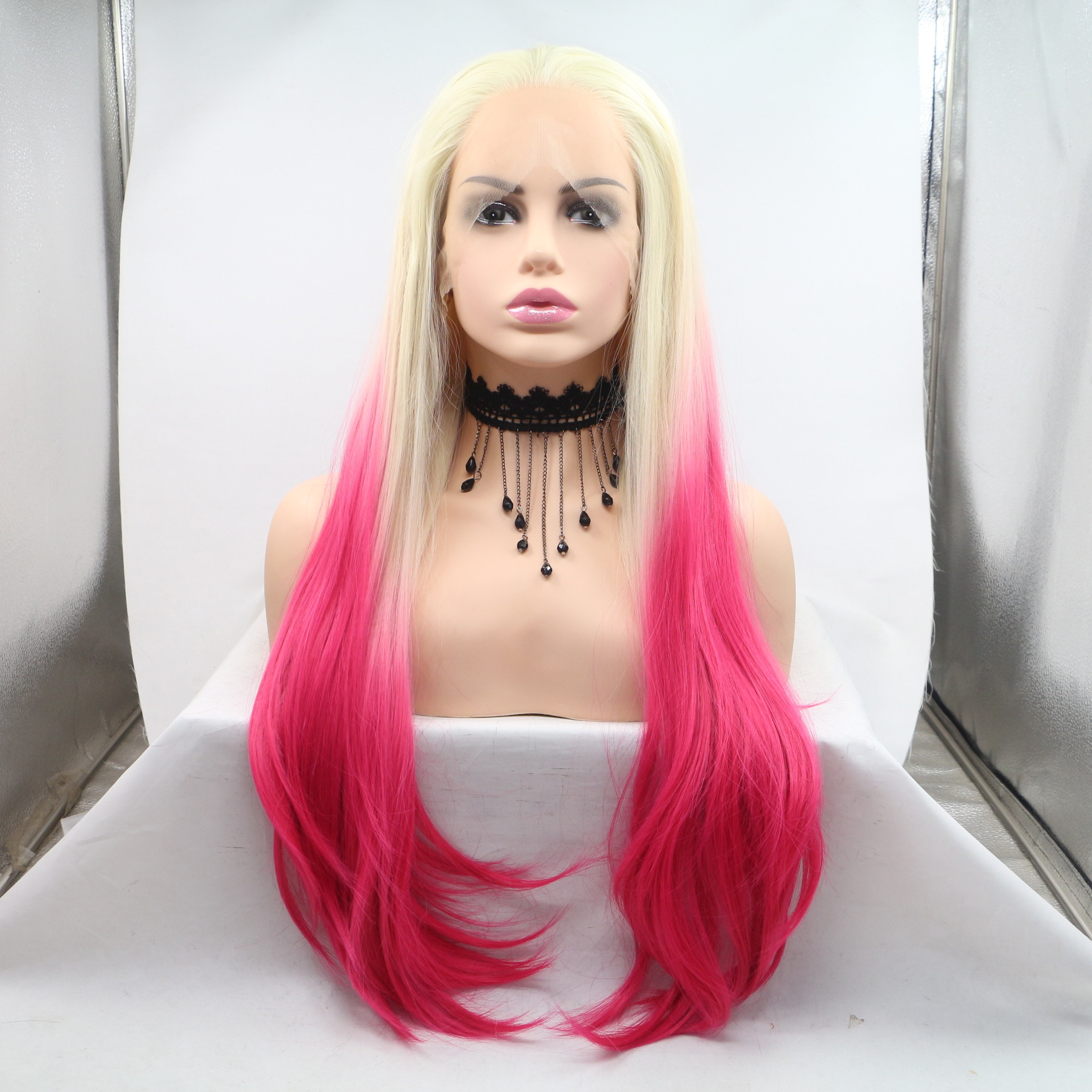 Comercio exterior Europa y América pelucas de fibra química mujeres color rosa gradiente cabello largo recto personalidad natural de alta temperatura seda cubierta al por mayor