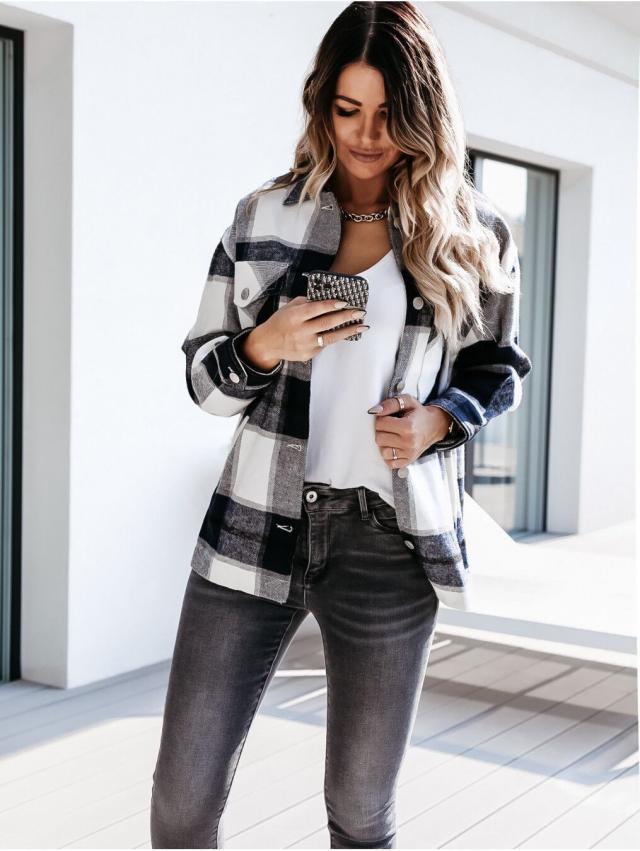 Long-Sleeved Plaid Shirt Jacket NSYF12436