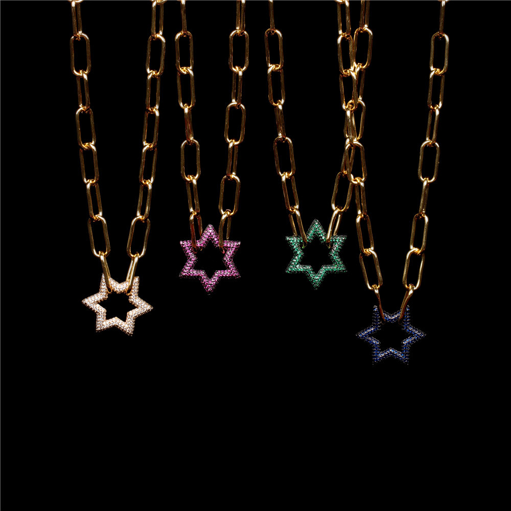 Hot Sale New Hip-hop Style Full Diamond Hexagonal Star Pendant Lock Thick Necklace display picture 9