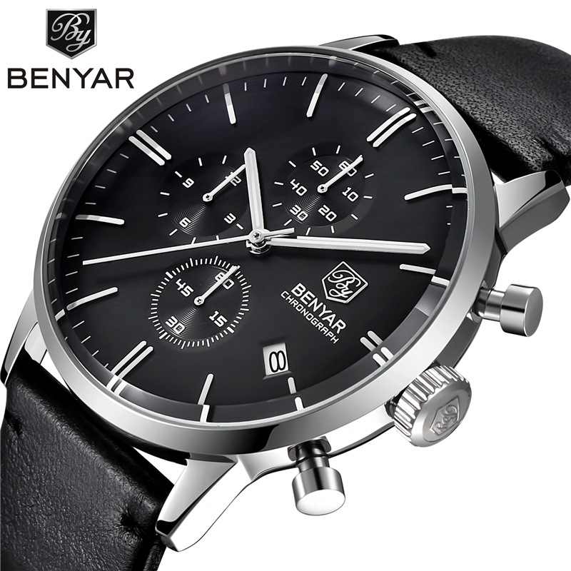 Nuevo reloj BENYAR hombres de moda multi-funcional impermeable calendario cuero acero Shell reloj 2720K