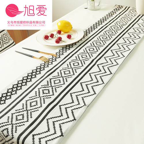 New Home Sheer Tablecloth with Geometric Line Style, Fringe, Double Layer, Minimalist Nordic Style