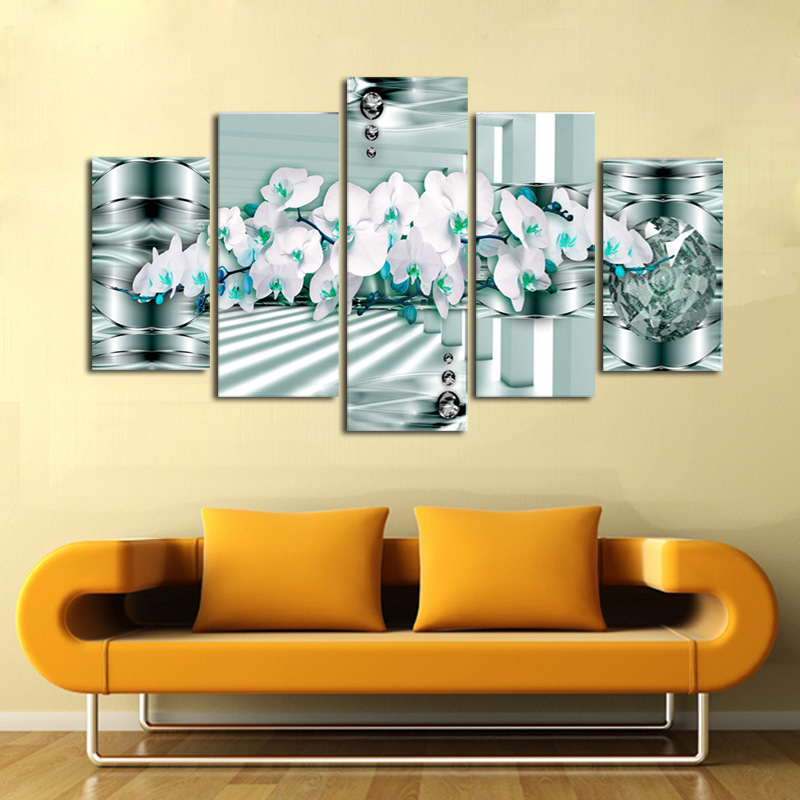 现代简约五联绿色花抽象画 喷绘画 创意沙发背景墙装饰画挂画油画