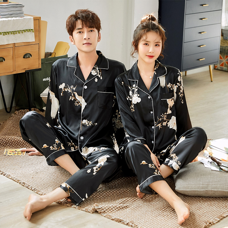 Hanyatong new pattern Couple pajamas silk Cartoon printing Long sleeve men and women Cardigan suit Spring and autumn season Home Furnishings