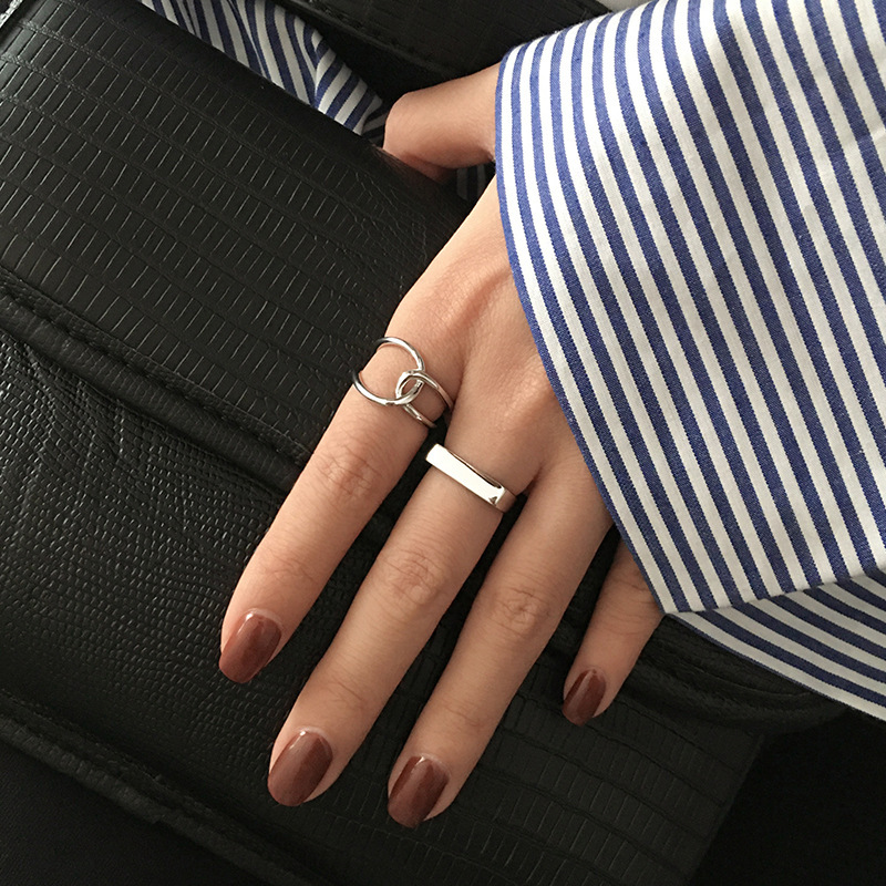 韩国S925银几何交叉开口戒指复古时尚学生指环可调节饰品食指戒