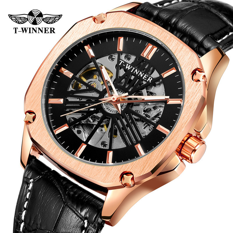 Ganador reloj mecánico automático para hombres moda hueco transparente volante correa de cuero reloj mecánico 8182