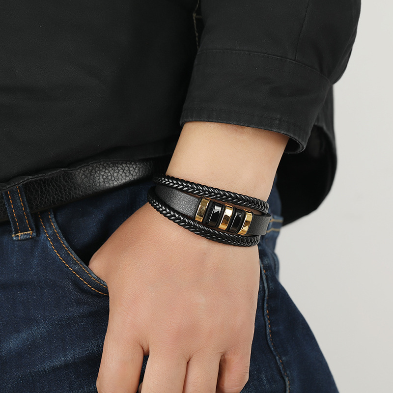 all-match menu0027s leather stainless steel woven punk PU bracelet