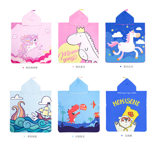 Microfiber cartoon print beach swimming changing bath towel children's hooded sunscreen quick-drying cloak bathrobe cloak