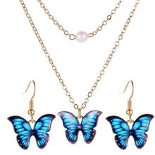 ebay时尚欧美新款夏季套装耳环项链彩色双层珍珠滴油蝴蝶吊坠女