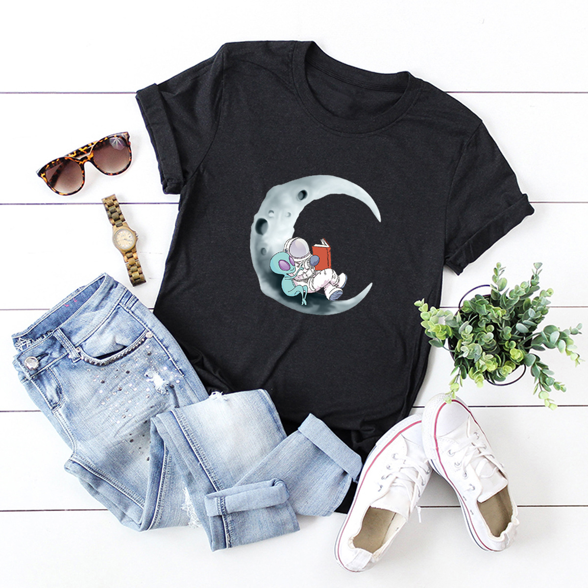 Camiseta de manga corta de algodón con estampado de luna y estrellas NSSN12976