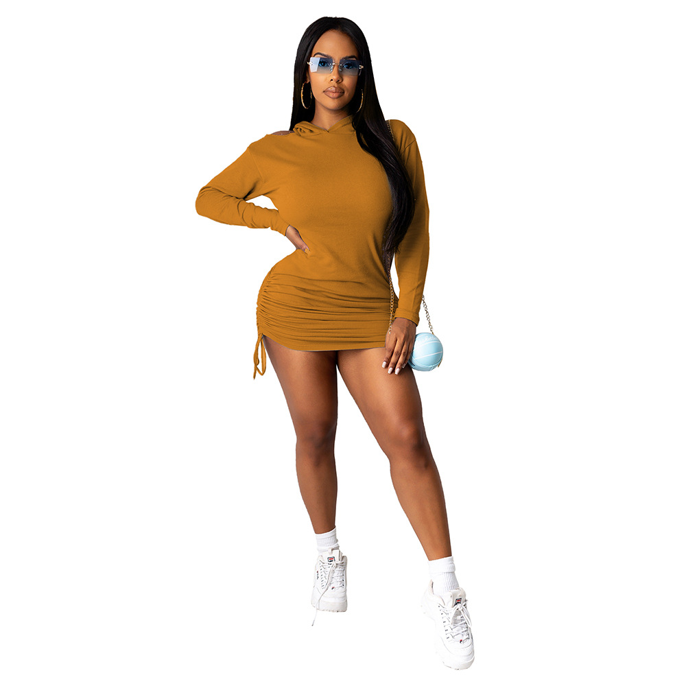 Solid Color Off-Shoulder Hooded Tight Dress NSFDD96619