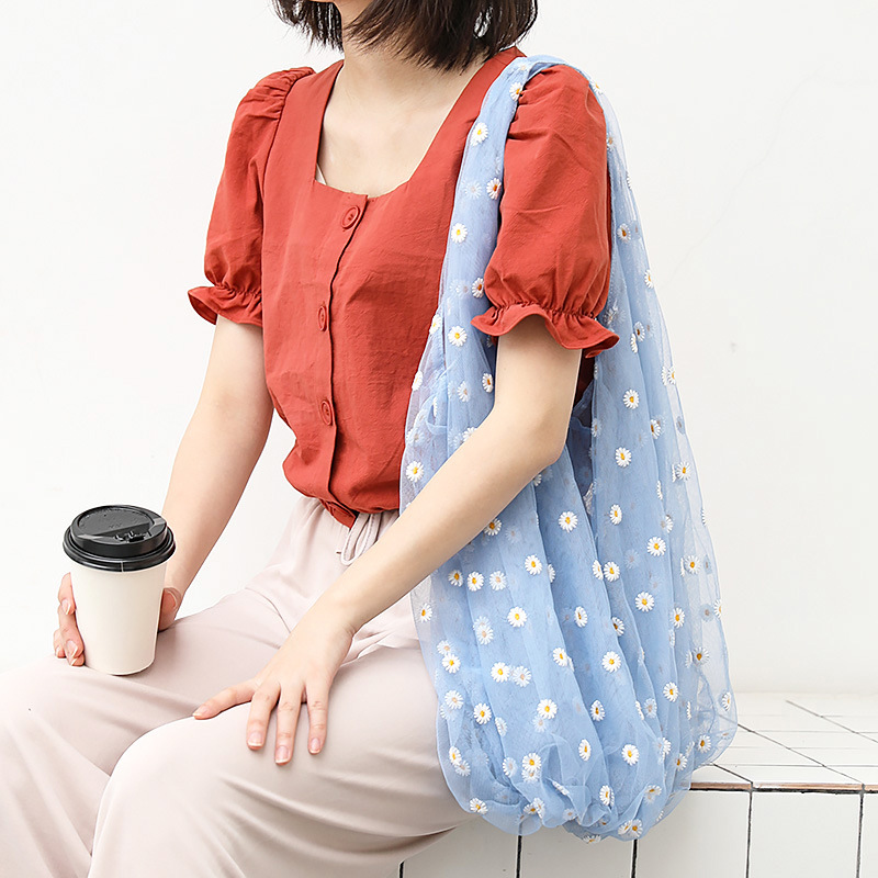 韓版百搭小清新腋下包休閑可愛小雛菊手提包網紗刺繡雙層單肩女包