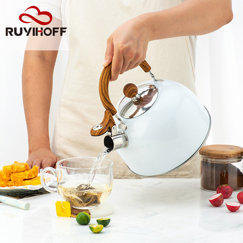 Nueva tetera blanca de silbato con mango plegable, cocina europea Utensilios