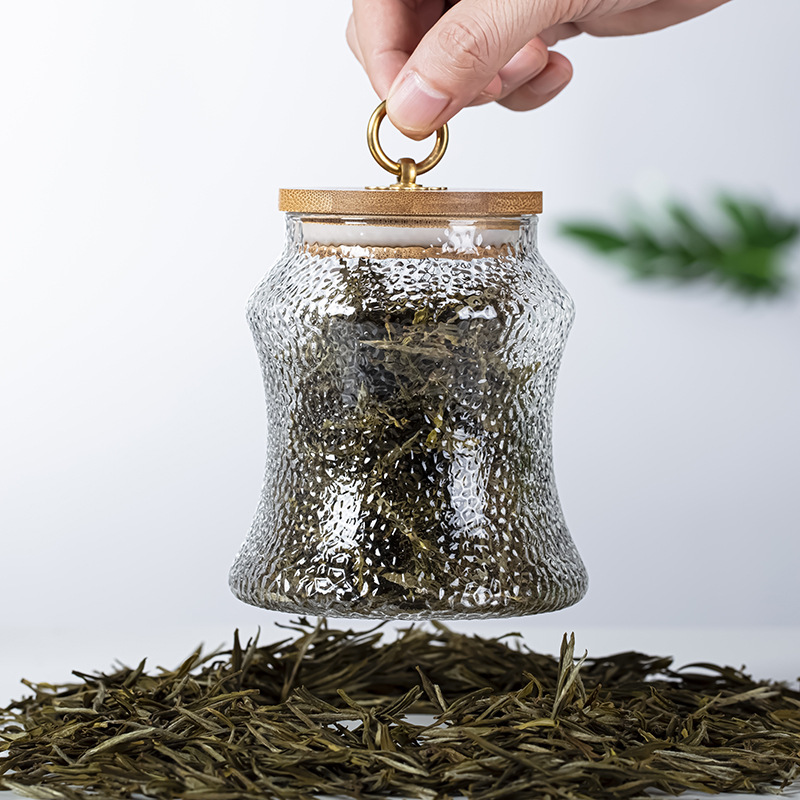 Glass Tea Canister for Home Storage, Transparent Creative Petal-Shaped Container with Bamboo Lid, Sealed Vintage Tea Canister for Pu'Er Tea